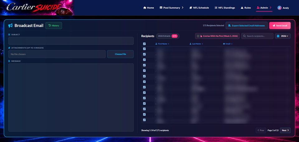 Admin broadcast email screen with subject, attachments and message, and a filterable recipient list with 171 recipients selected