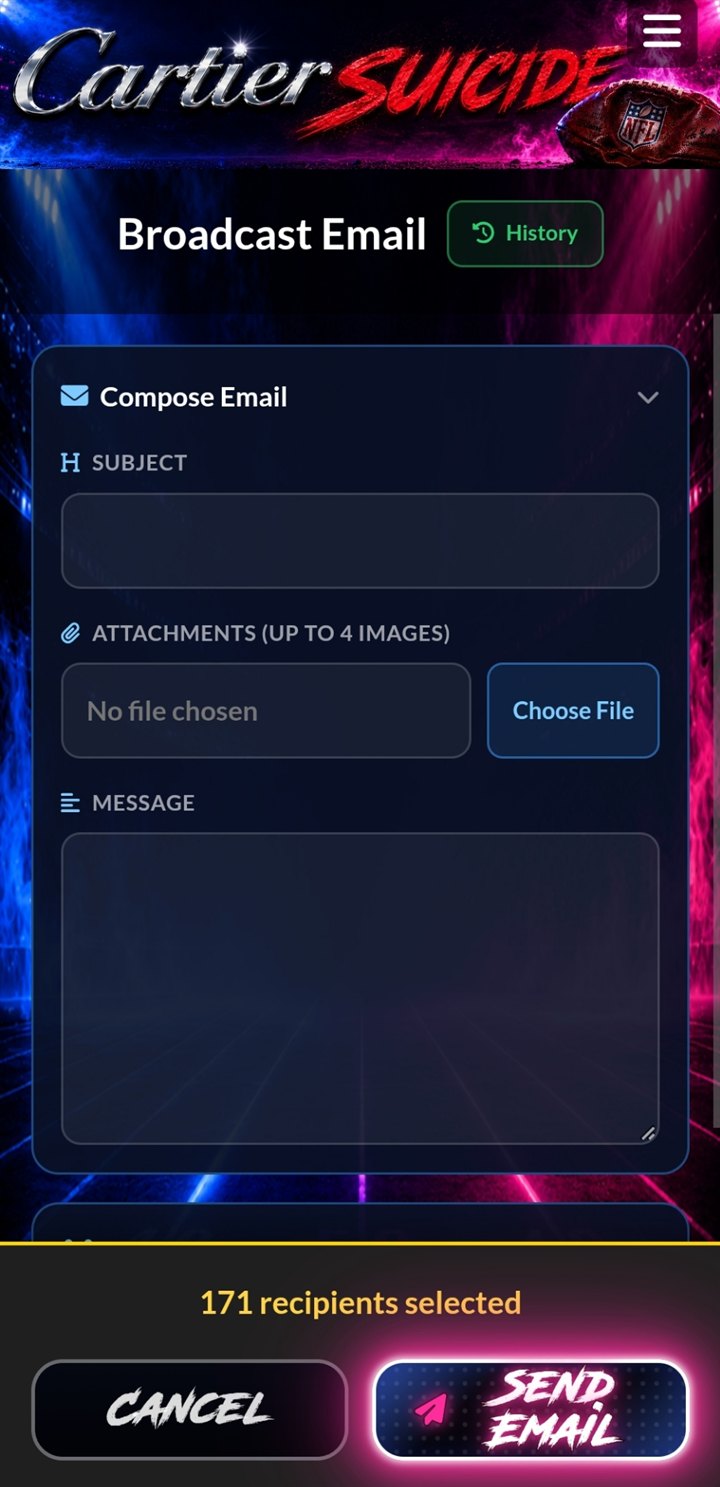 Mobile admin broadcast email compose screen with 171 recipients selected