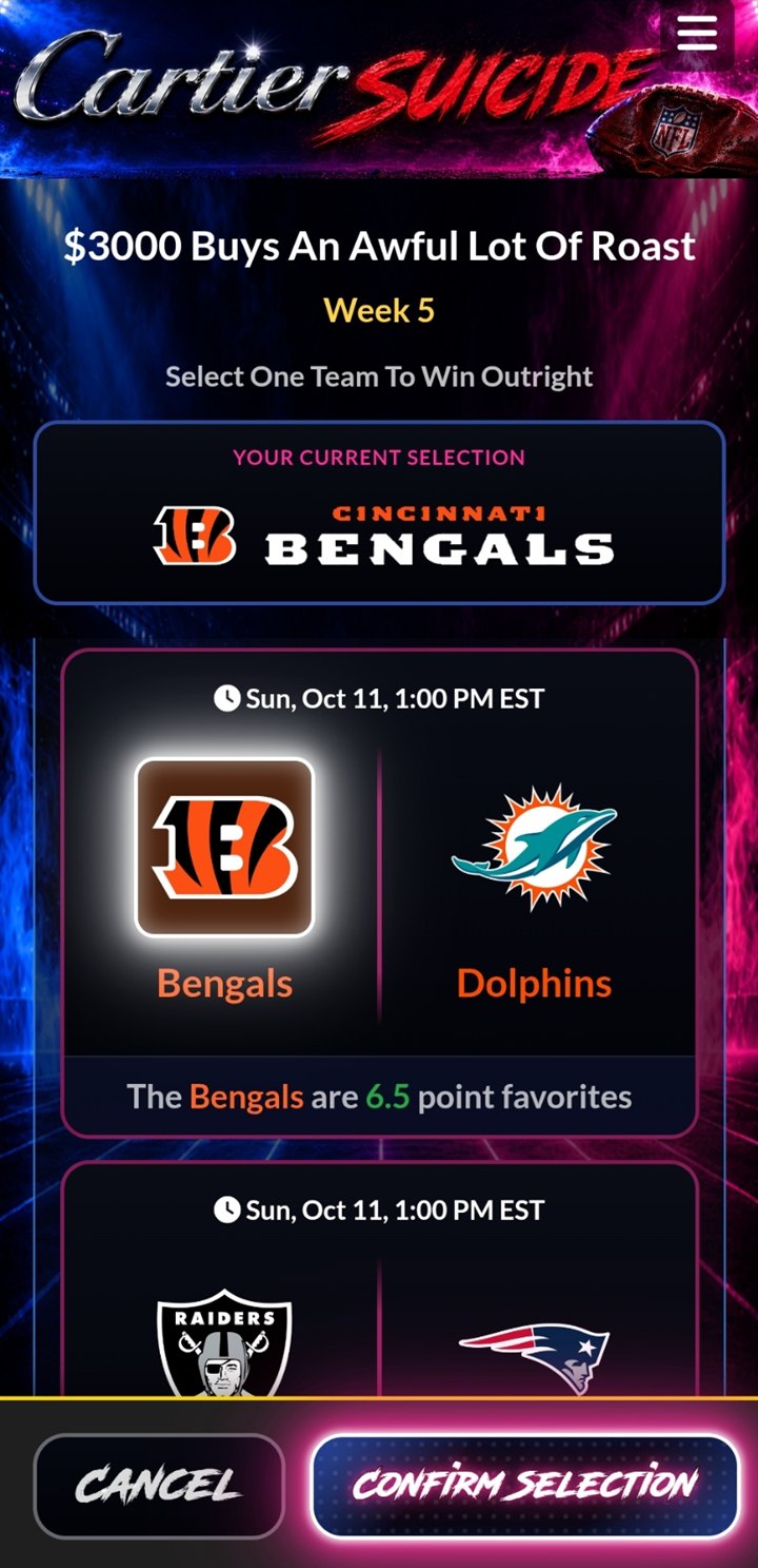 Mobile pick screen showing the current selection and matchups with kickoff times and point spreads