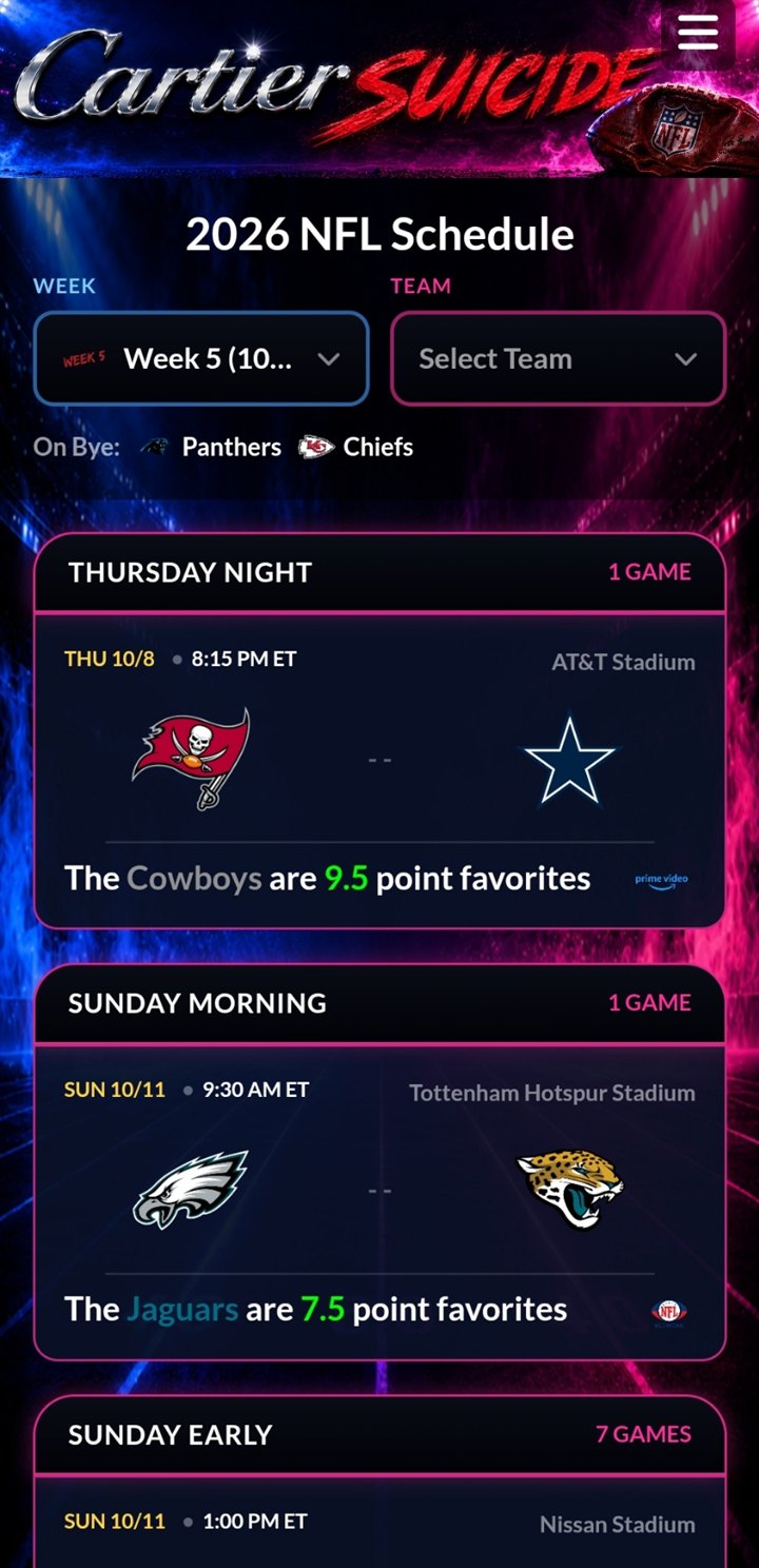 Mobile NFL schedule grouped by kickoff window with venues and point spreads