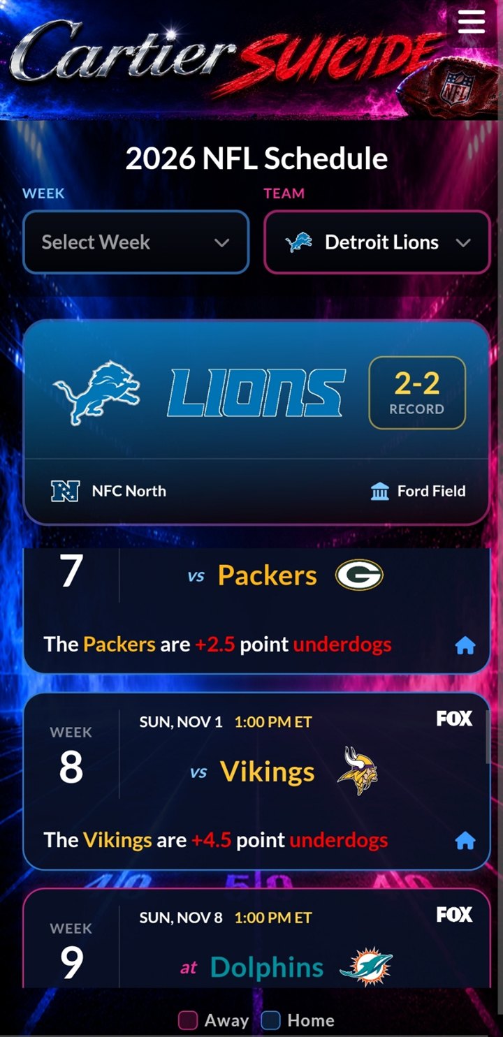 Mobile team schedule for the Detroit Lions with record, division, stadium and upcoming games