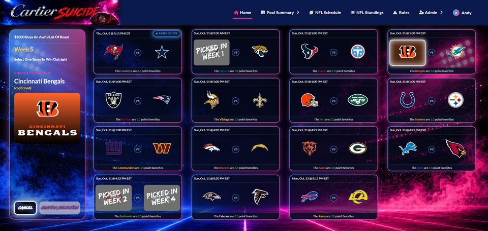 Weekly pick screen showing every matchup with point spreads and previously used teams marked as picked in earlier weeks