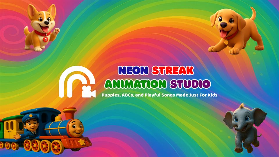 Neon Streak Animation Studio channel banner with the channel logo and recurring animated characters