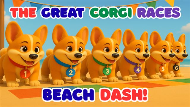 Thumbnail for The Great Corgi Races: Beach Dash, showing six corgi racers with numbered, color-coded collars lined up on a beach
