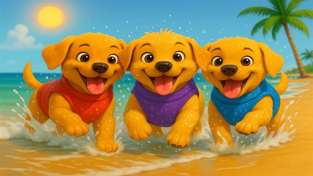 Three puppies in red, purple and blue shirts splashing through the surf