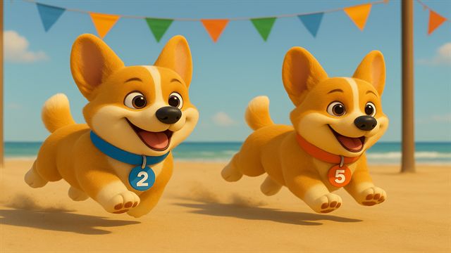 Two corgi racers wearing blue number 2 and orange number 5 collars running side by side on a beach race course