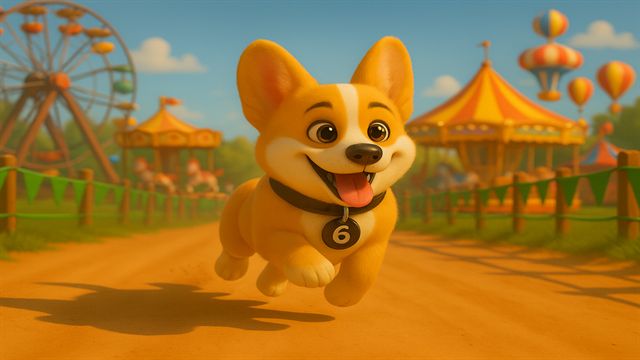 Corgi racer Nitro with a black number 6 collar running down a carnival race course