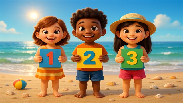 Three children on a beach holding up number cards 1, 2 and 3