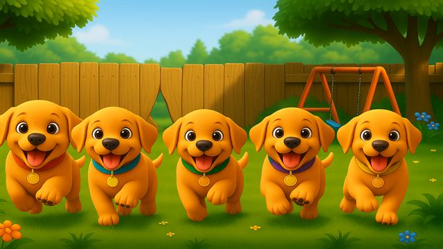 Five puppies with red, blue, green, purple and yellow collars running together across a backyard