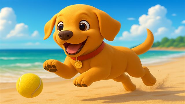 A puppy with a red collar bounding across the sand toward a tennis ball