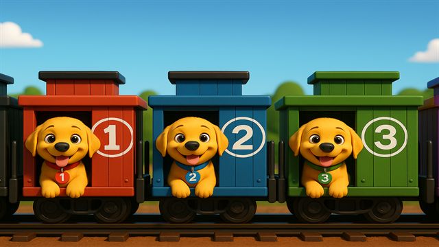 Three puppies riding in red, blue and green train cars numbered 1, 2 and 3