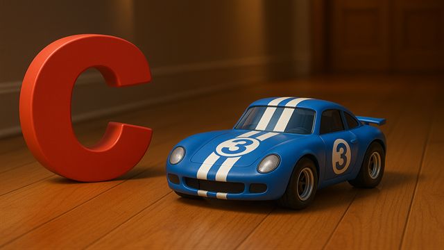 A large red letter C next to a blue toy race car on a wooden floor