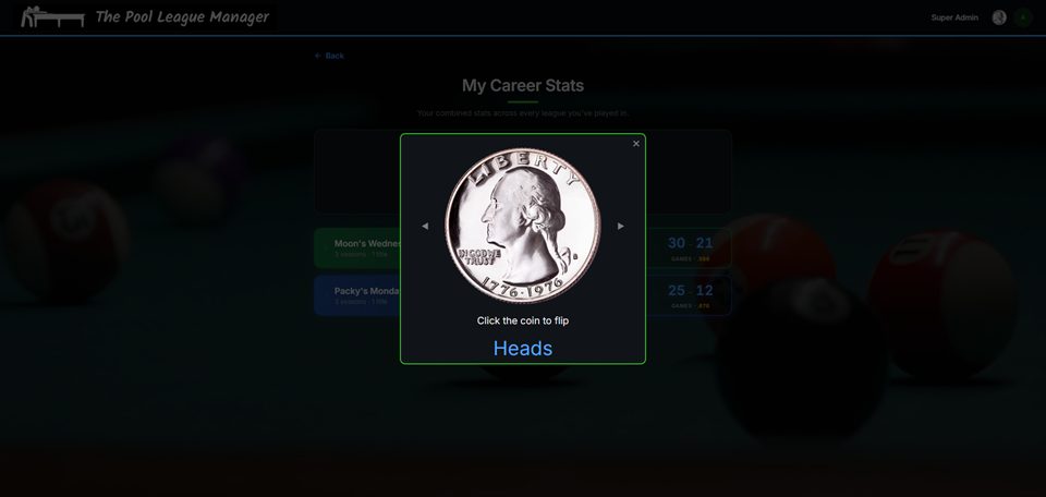 Built-in coin flip dialog showing a quarter and the result Heads