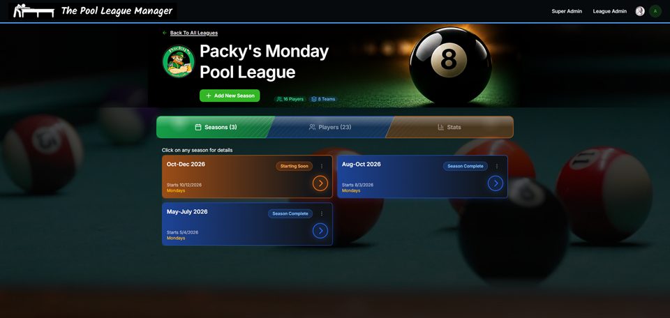 League detail on desktop with seasons, players and stats tabs and season cards marked starting soon or complete