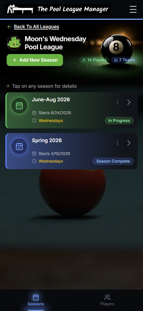 League detail screen listing an in-progress season and a completed season