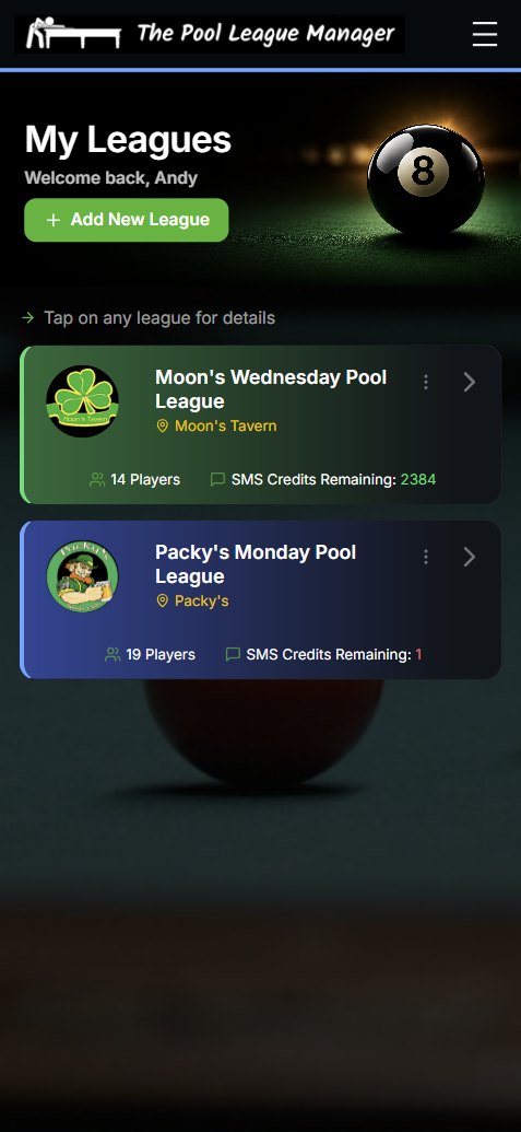 My Leagues screen listing two pool leagues with venue, player count and remaining SMS credits