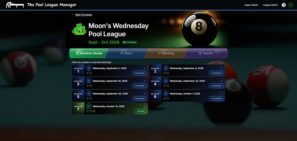 Season schedule on desktop listing seven weekly sessions with completed and up next status