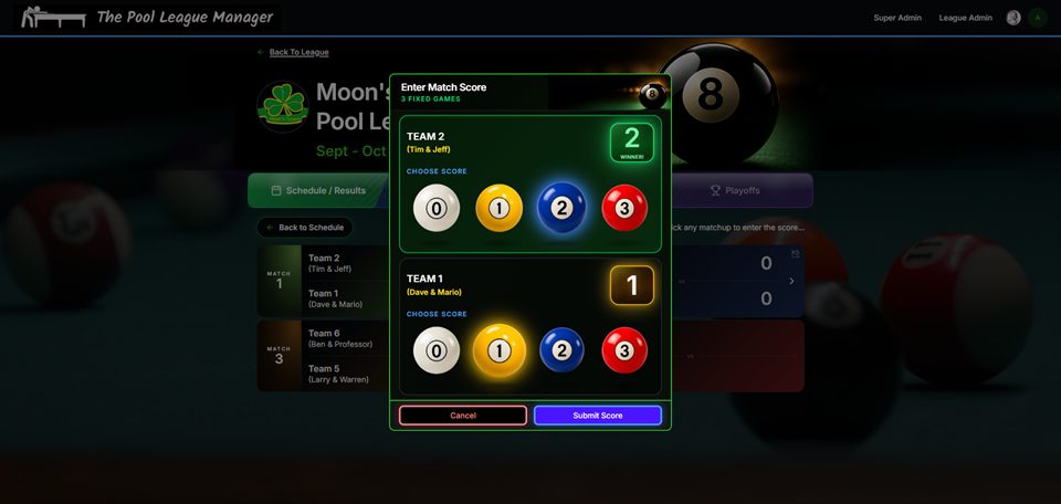 Score entry dialog on desktop for a three-game match with pool-ball score buttons and the winner highlighted