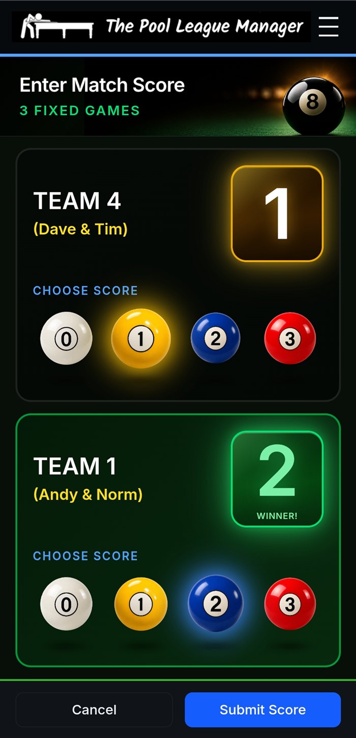 Score entry dialog for a three-game match using numbered pool-ball buttons