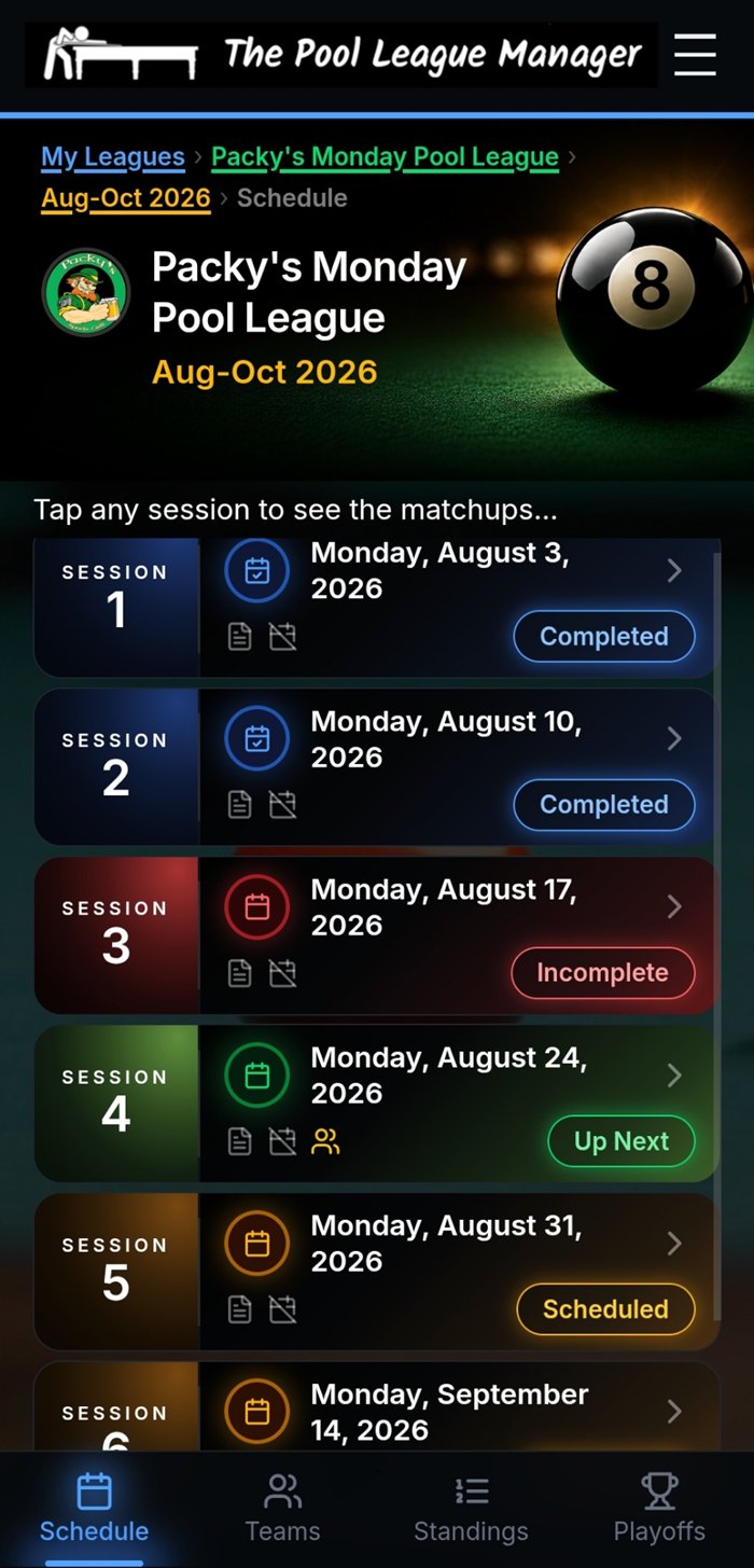 Season schedule listing weekly sessions marked completed, incomplete, up next and scheduled