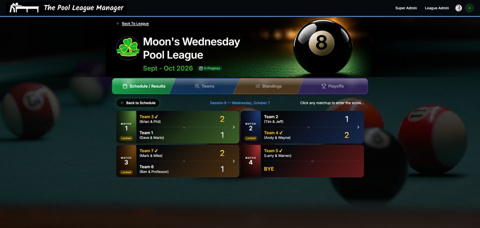Desktop session view with four matchups, locked results, winners marked and a bye