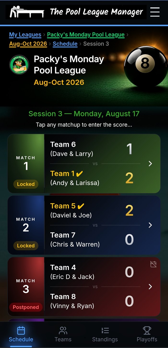 Session matchups on a phone, with locked results, a winner check mark and a postponed match