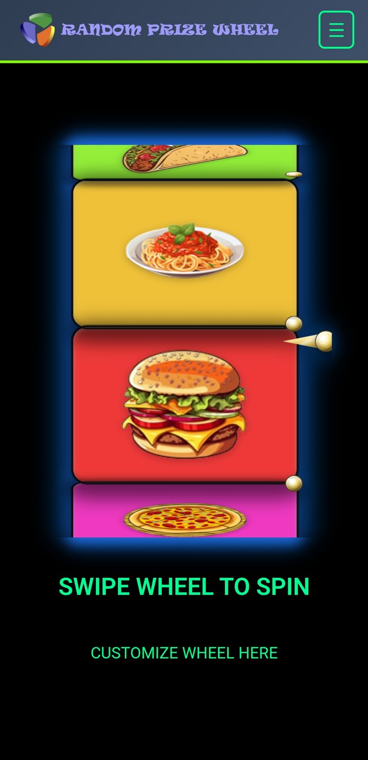 Mobile Dinner Picker wheel with food images such as pasta, a burger and pizza