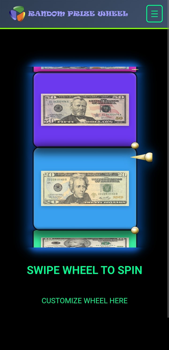 Mobile Money Wheel with $50 and $20 bill panels