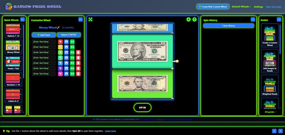 Money Wheel preset showing image panels of $5, $10 and $20 bills on the 3D drum