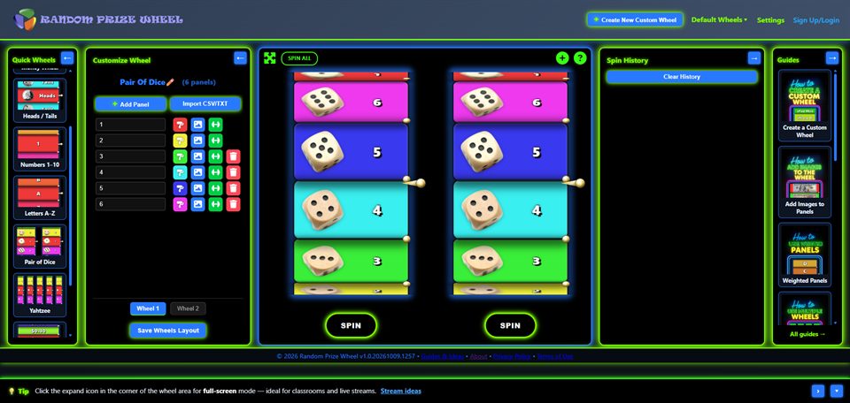 Two dice wheels side by side with Spin All and Wheel 1 / Wheel 2 tabs