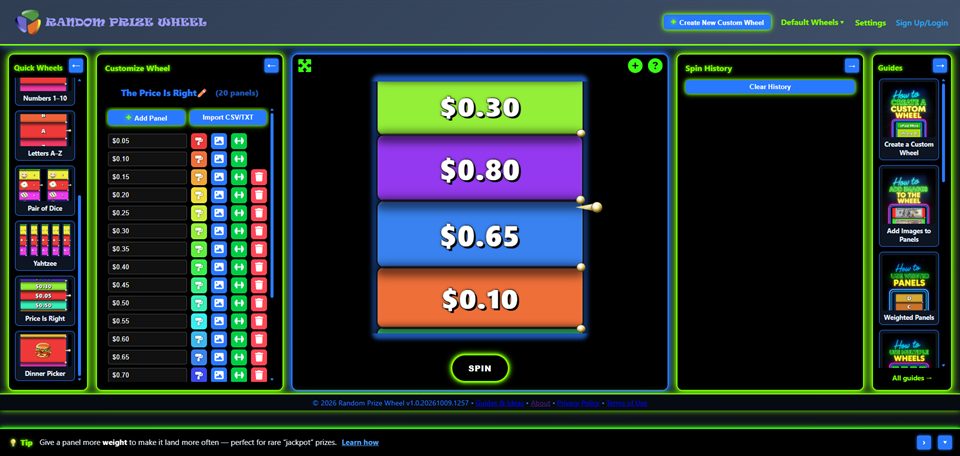 Price Is Right wheel with 20 panels from $0.05 to $1.00