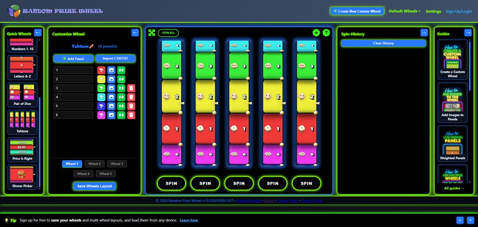 Desktop workspace running five dice wheels side by side for Yahtzee, with Spin All, Quick Wheels, the customize panel and guides